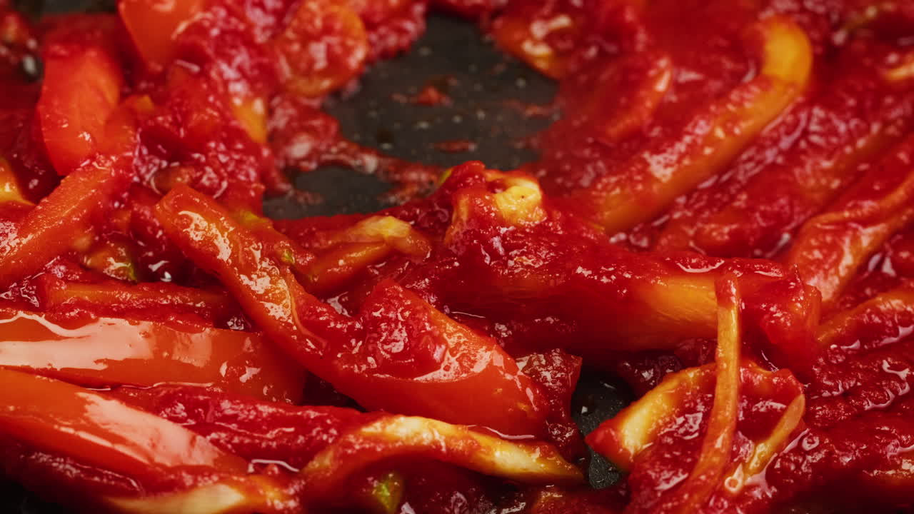 Red Bell Pepper Strips Simmering in Tomato Sauce