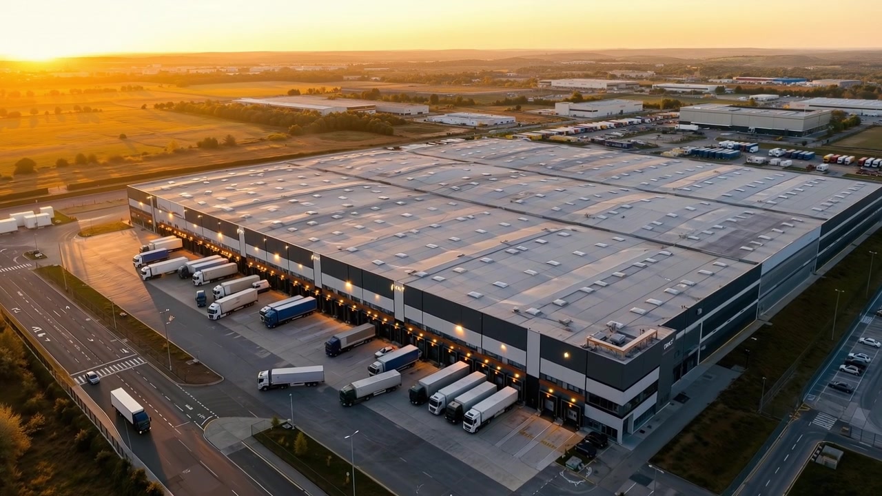 Aerial view of a large industrial warehouse and distribution center at sunset with trucks parked outside