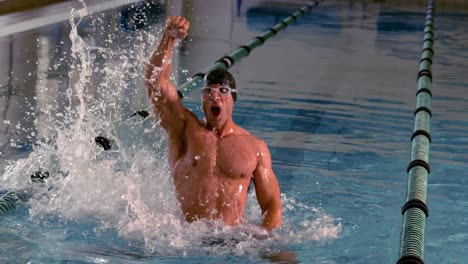 fit swimmer jumping up and cheering in the pool