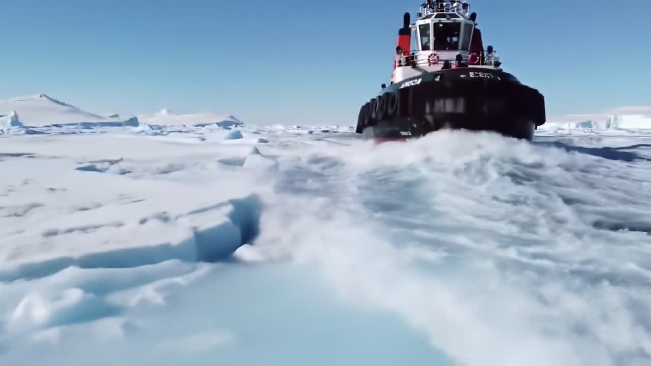 A Tugboat Navigates Through Icy Waters, Breaking Through Sheets of Ice in a Stunning Display of Power and Precision Amidst a Breathtaking Arctic Landscape