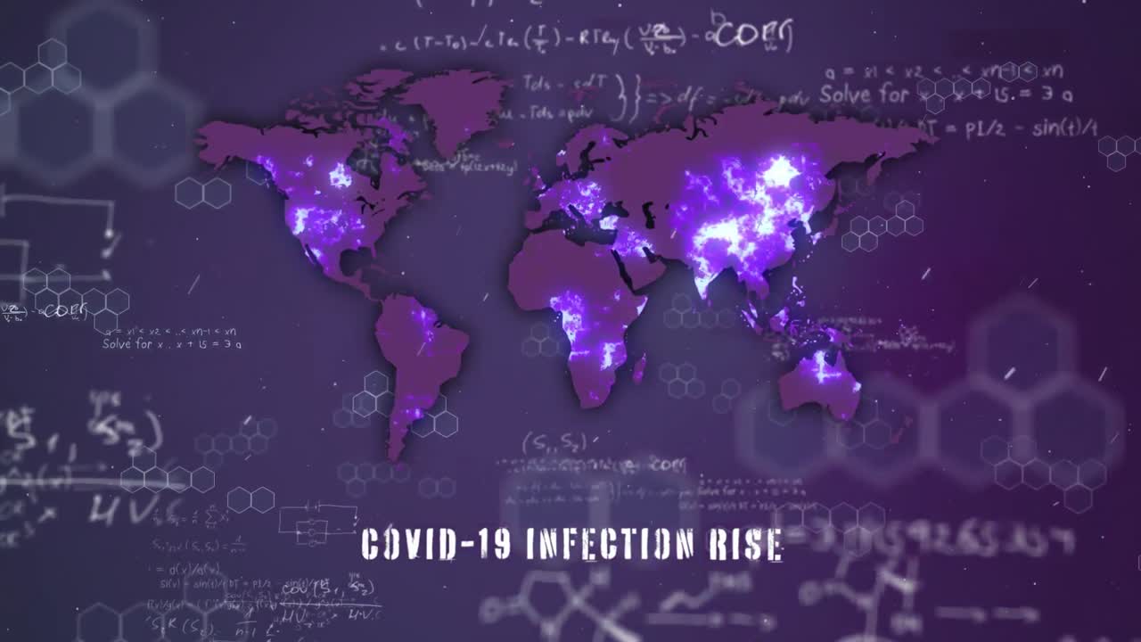 Animazione della mappa del mondo su formule in uno sfondo viola.