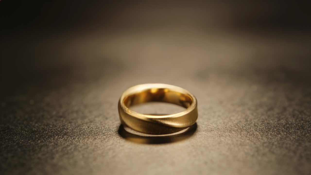 Rotating gold ring descending, settling onto textured table, after release showing brushed band
