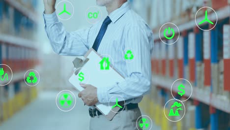 Animation-of-network-of-eco-and-environmentally-friendly-icons-worker-of-the-ware-house