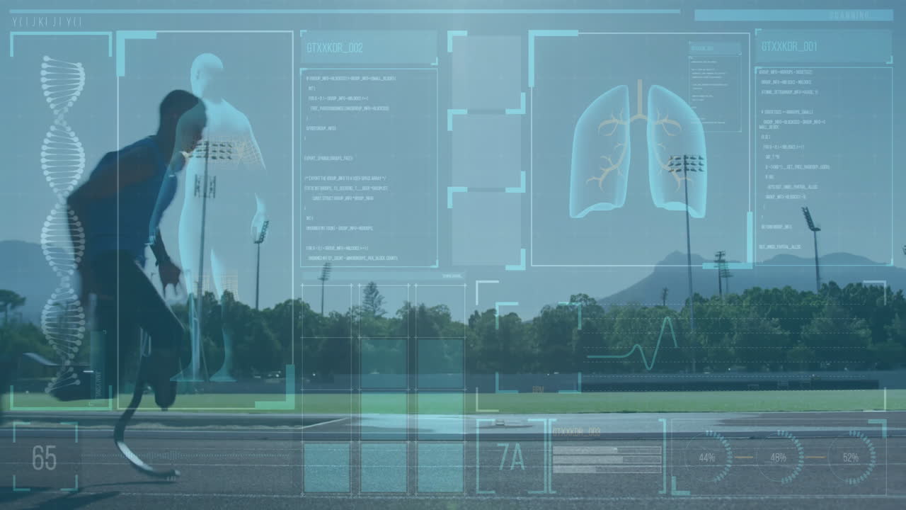 Medical data and human body analysis animation over outdoor sports field