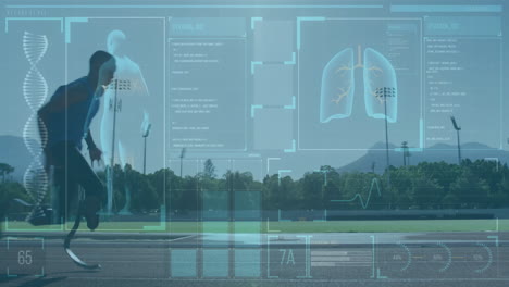 animación de datos médicos y análisis del cuerpo humano sobre el campo deportivo al aire libre