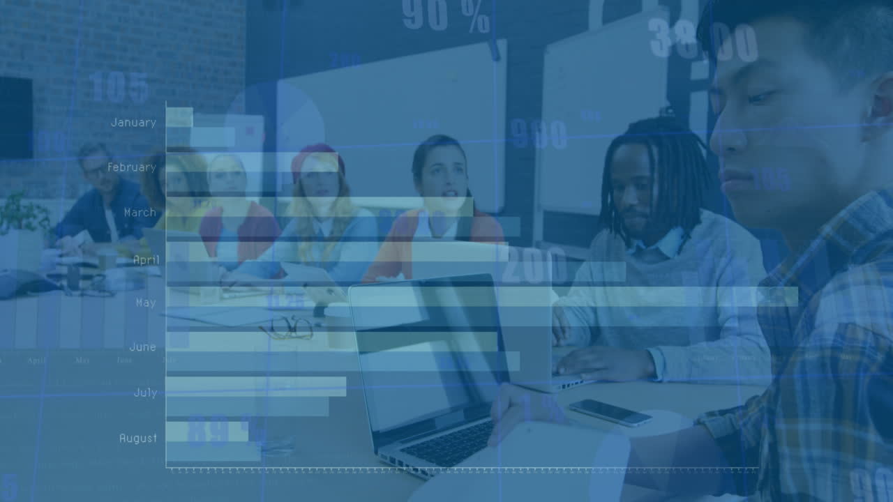 Animation of data processing over mid section of woman passing document to diverse colleagues