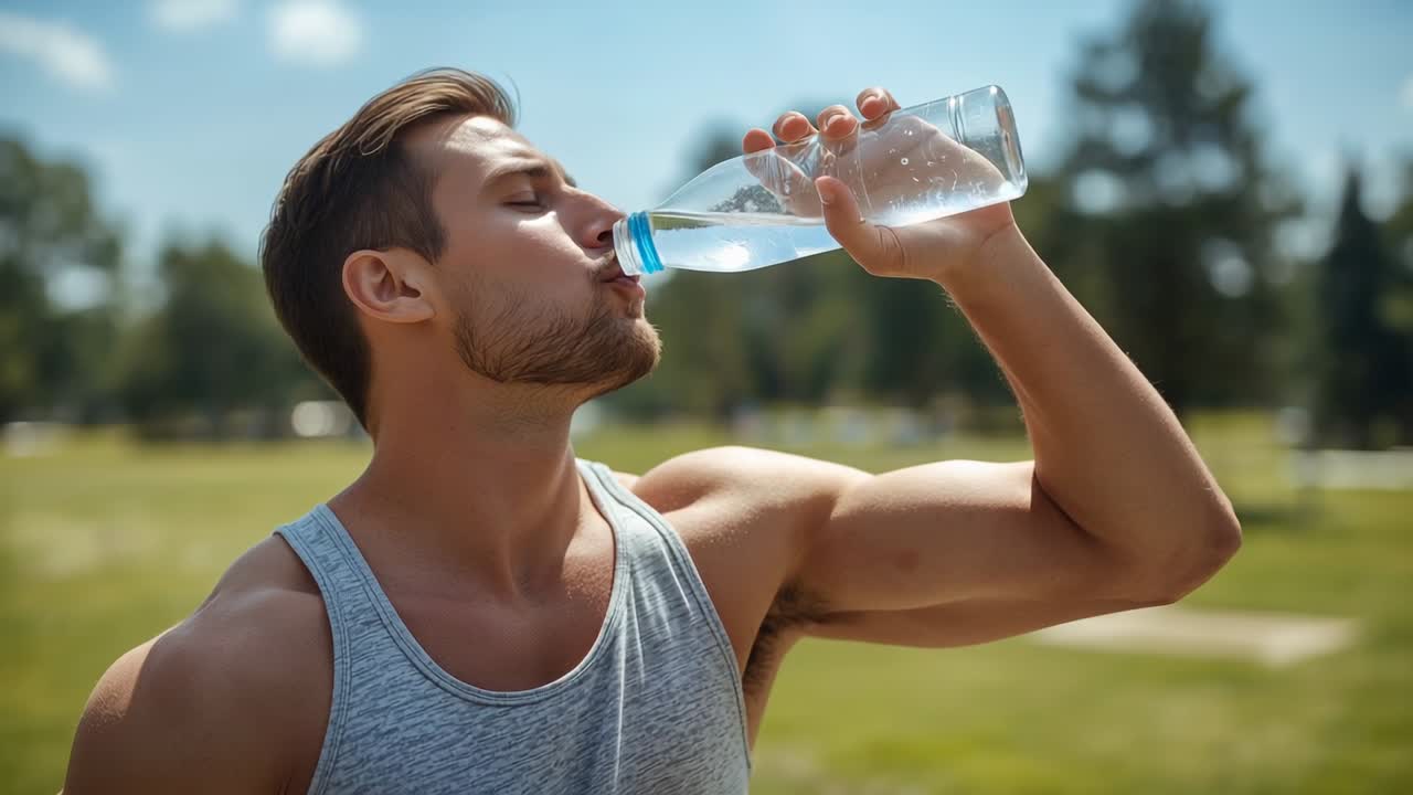 Reacting to thirst, fit man drinking water from bottle in sunlit park, screwing blue cap