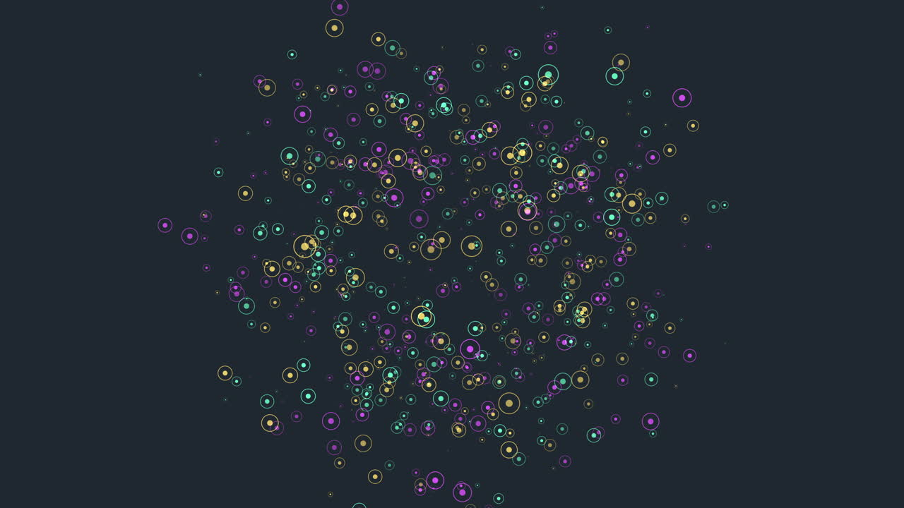 Colorful circles float in a symmetrical circular pattern on a black background, symbolizing unity and diversity. Various sizes and colors represent people coming together harmoniously in this visually engaging image