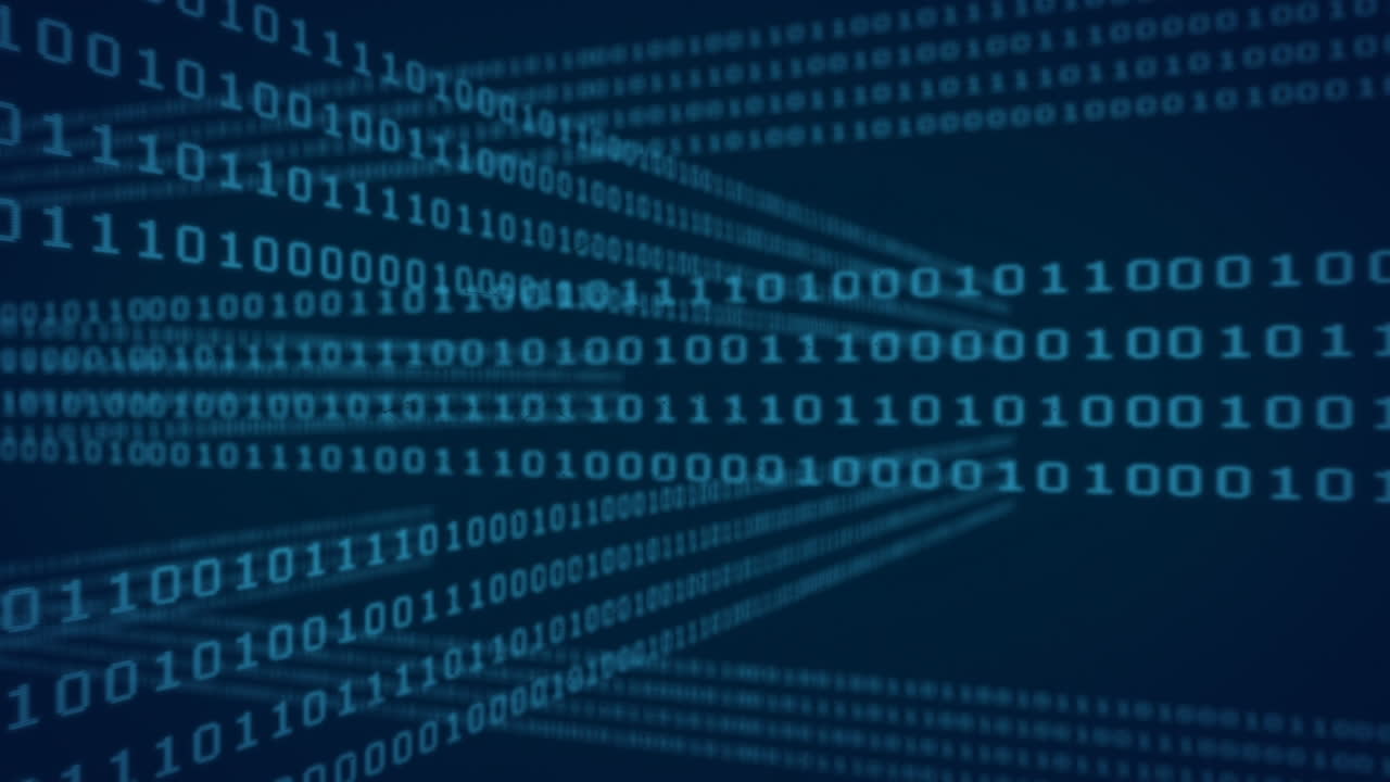 Animation of data processing and binary coding over dark background