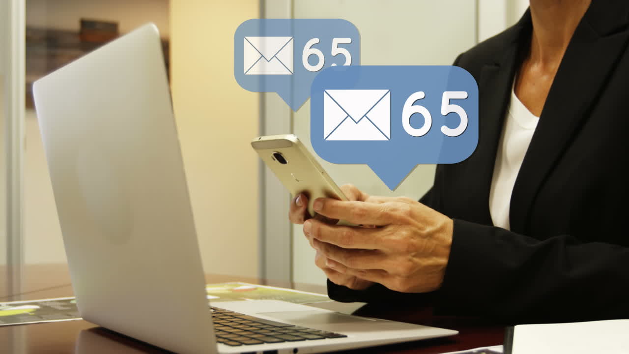 Animation of icons and numbers over woman using smartphone and laptop