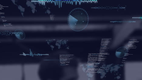 Animación-De-Mapas,-Radares,-Ondas-Sonoras-Y-Lenguaje-Informático-Sobre-Fondo-Abstracto