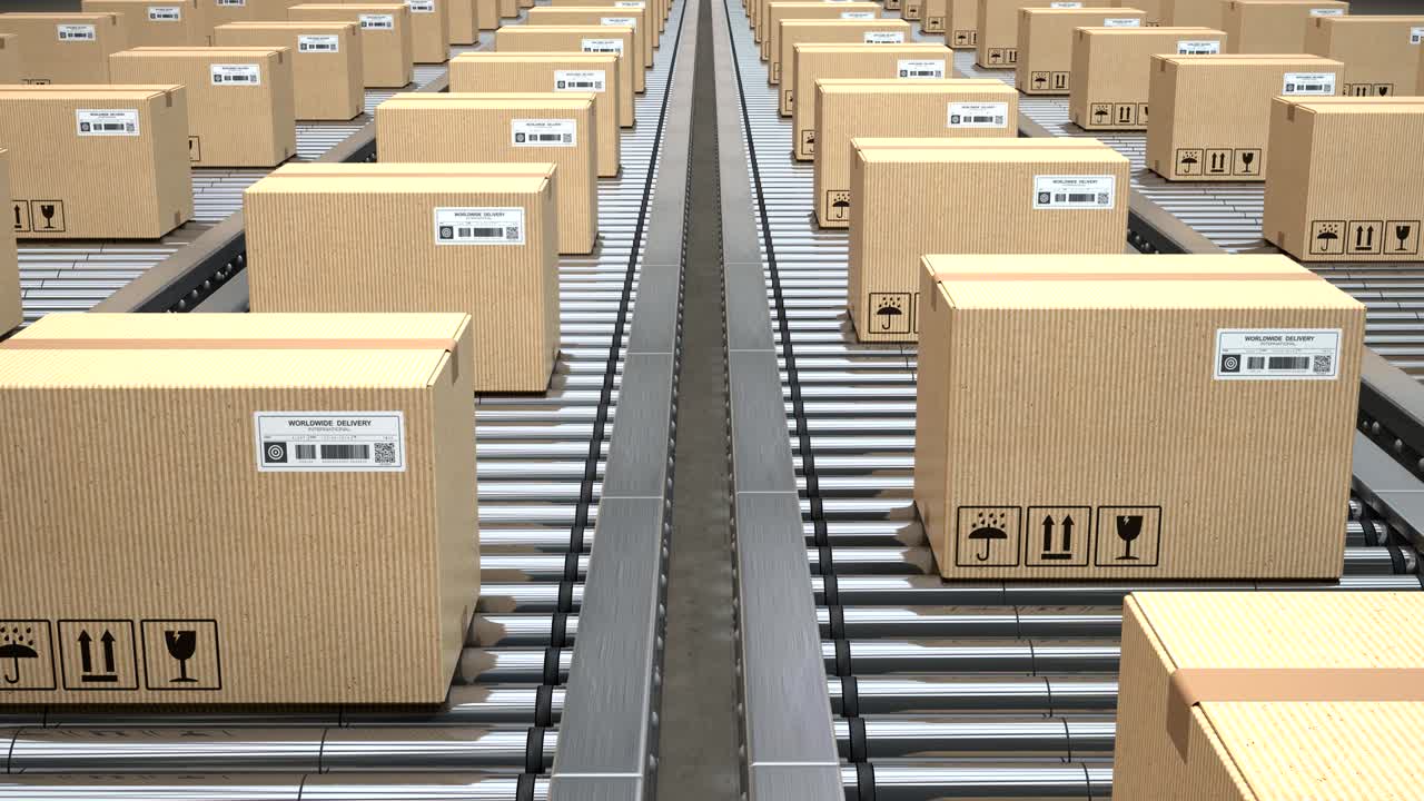 cajas de cartón en rodillos de transportador en el almacén de distribución, el servicio de entrega y embalaje. animación en bucle. vídeo en 3d