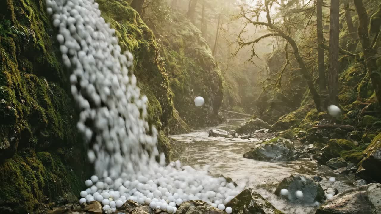 Surrealistický vodopád bílých koulí tekoucí do mechem porostlé lesní řeky