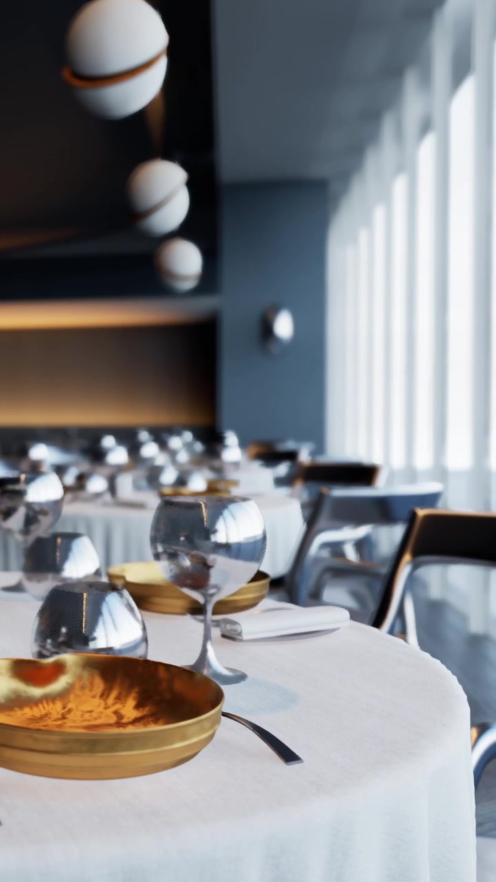 Sala da pranzo con arredamento moderno e apparecchiature in un ristorante.