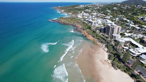 Panoramic-View-Over-Bays-Of-Coolum-And-Coolum-Main-Beach-In-Queensland,-Australia---drone-shot