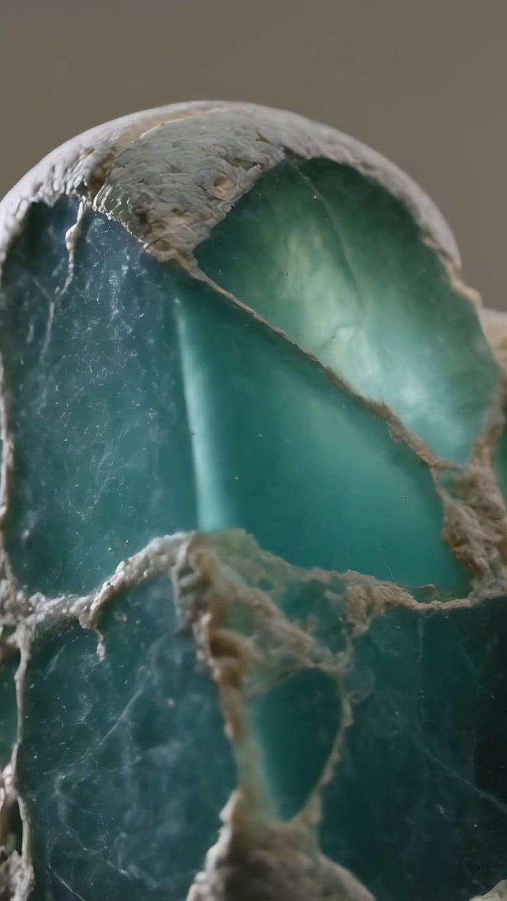 Video vertical: Cámara haciendo un paneo alrededor de un mineral azul verdoso en un estudio, revelando un brillo interno y vetas.