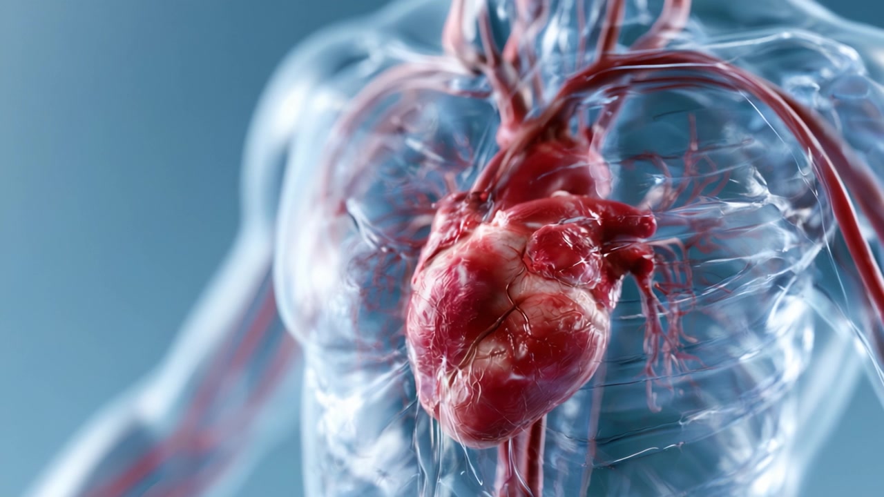 Uno sguardo dettagliato al cuore umano e alla sua anatomia: esplorando la struttura e la funzione del sistema cardiovascolare in una visualizzazione realistica.