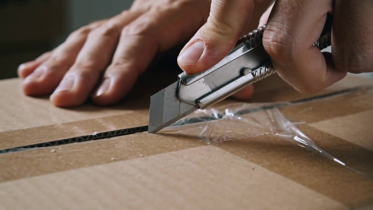 Manos cortando colocando un cúter en la costura de cinta de embalaje transparente, cortando la caja para abrirla en casa.