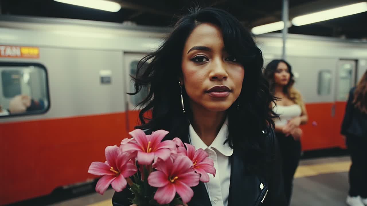 Woman with Flowers in a Subway Station