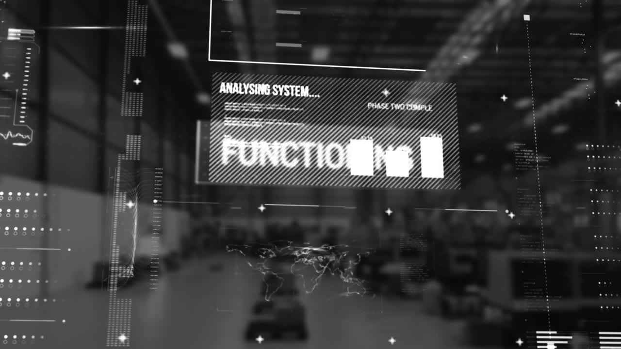 Animation of financial data processing and analysing over warehouse in background