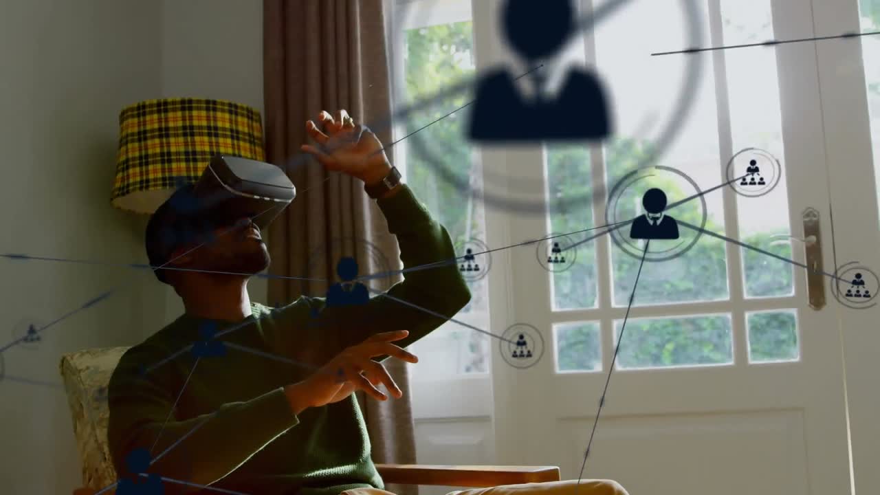 vr 헤드 ⁇ 을 착용한 사람 위에 아이콘으로 연결된 네트워크의 애니메이션