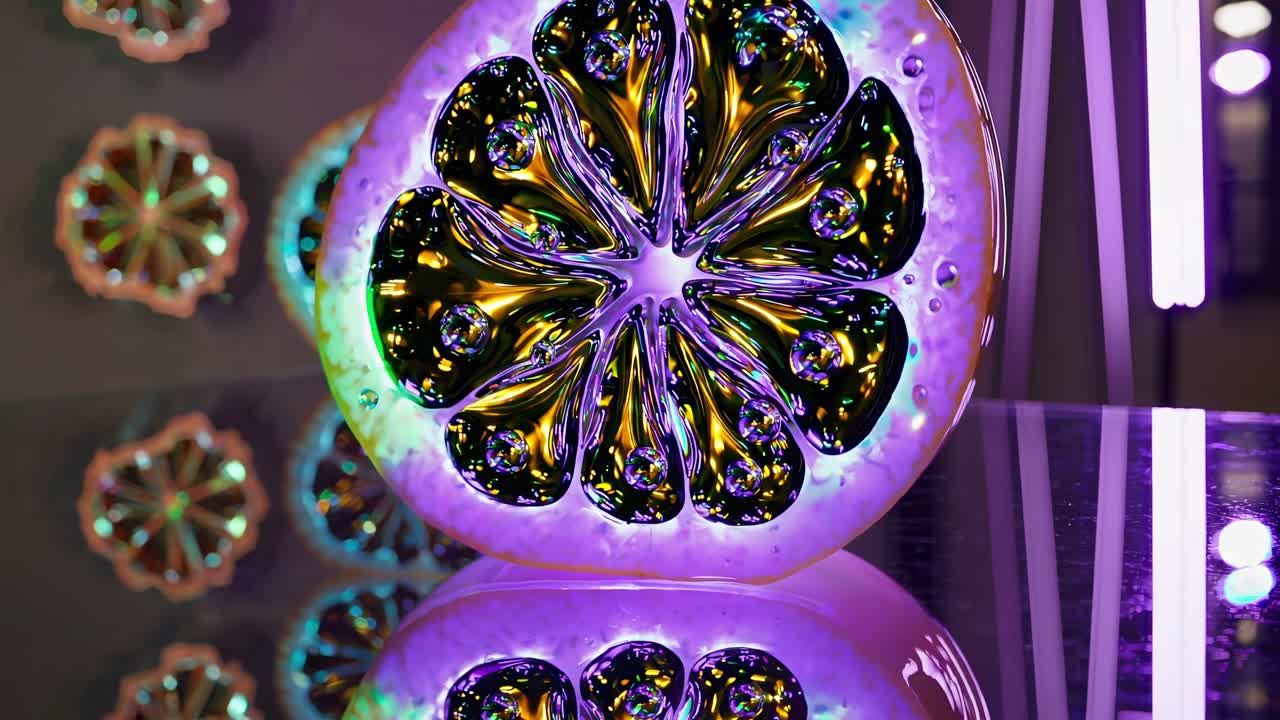 Iridescent orange sculpture displaying radial symmetry, reflecting on mirrored surface with dynamically shifting light colors and gradient effects