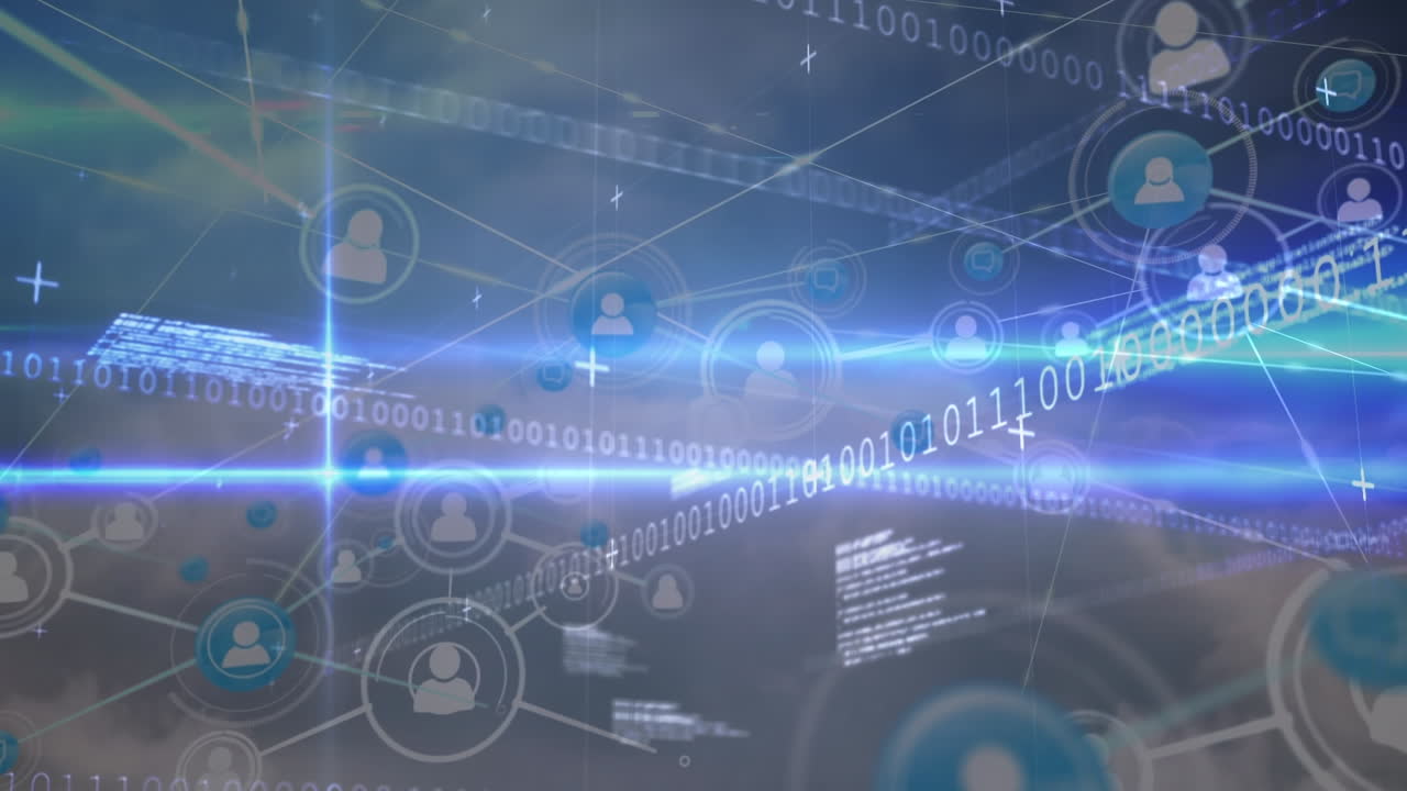 Animation of network of connections and data processing over cloudy sky