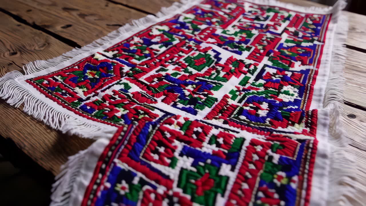 Embroidered Table Runner on Wooden Table