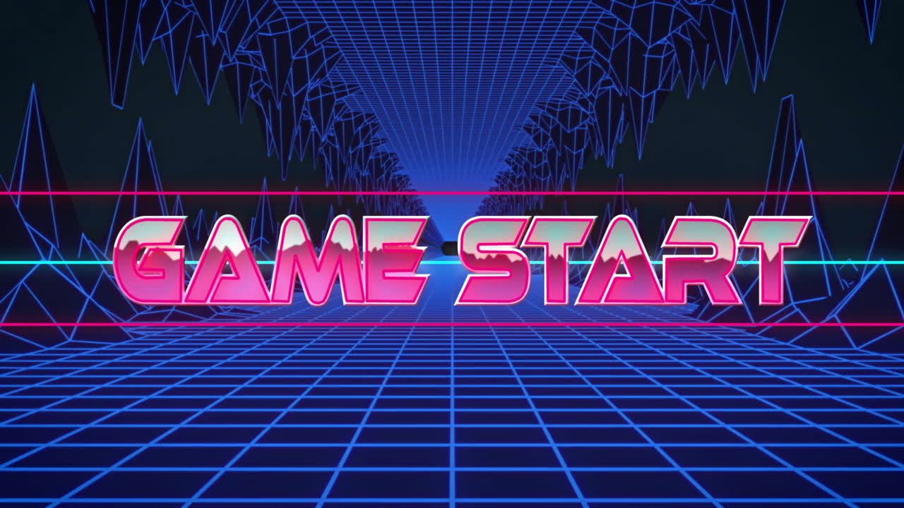 Animation of retro neon Game Start text over grid pattern with geometric shapes