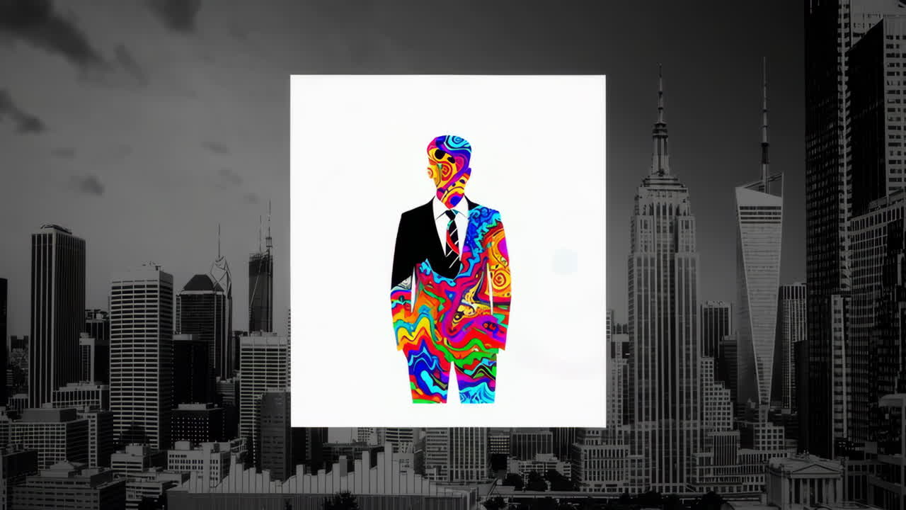 Abstract Colorful Figure in Suit Against Grayscale Cityscape