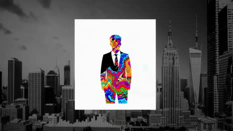 abstract colorful figure in suit against grayscale cityscape