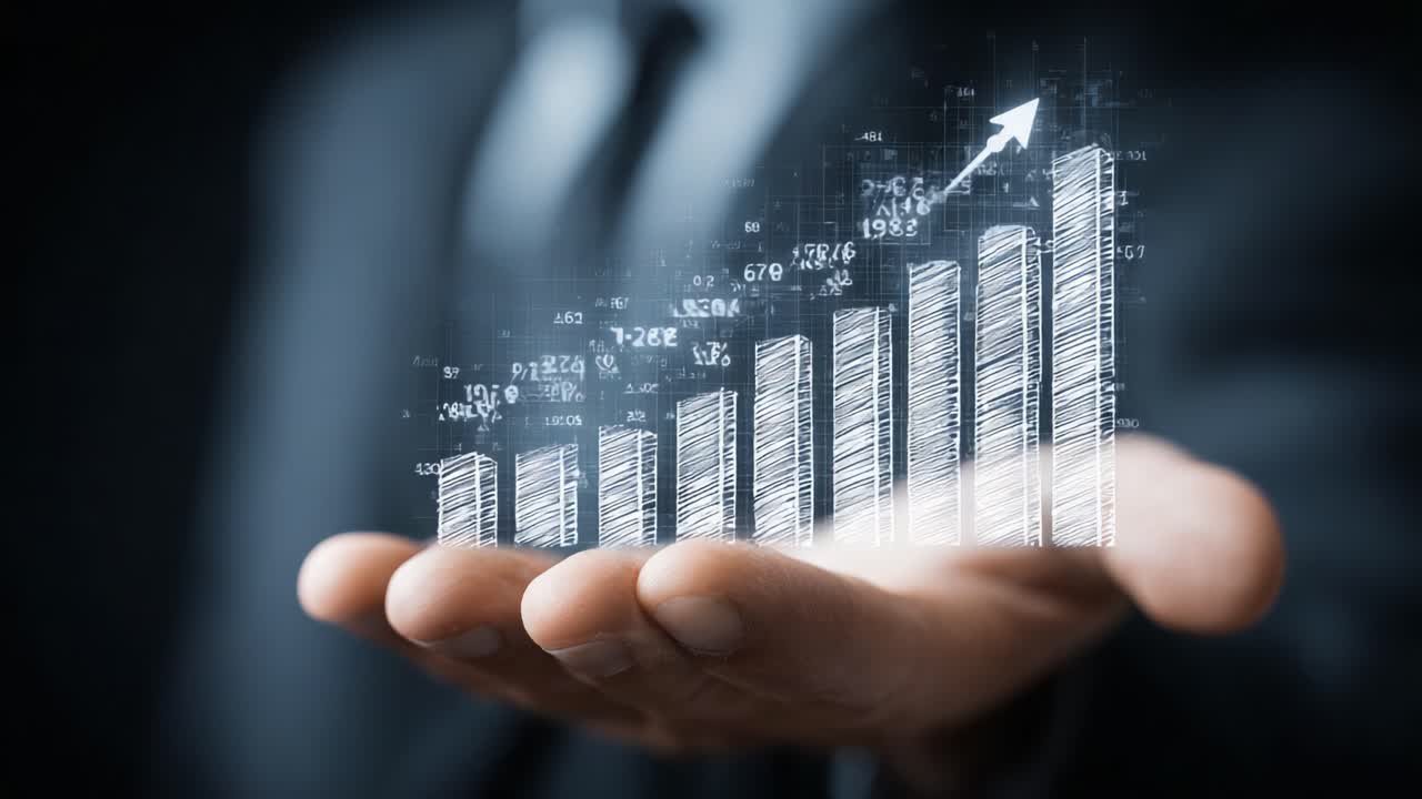 Visual Representation of Growth Trends: A Businessperson's Hand Displays an Upscaling Bar Graph with Data Insights and a Clear Arrow Indicating Progress