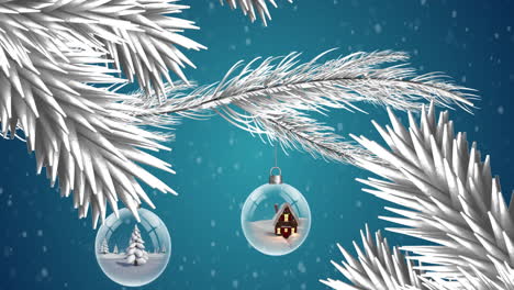 animation of clear baubles christmas decoration hanging on white christmas tree on blue background