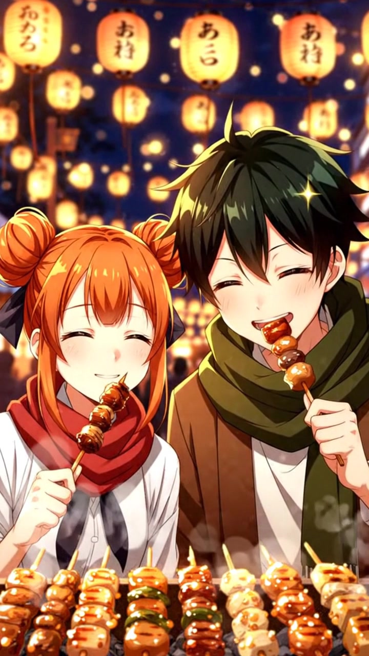 Coppia anime che mangia yakitori a un festival notturno.