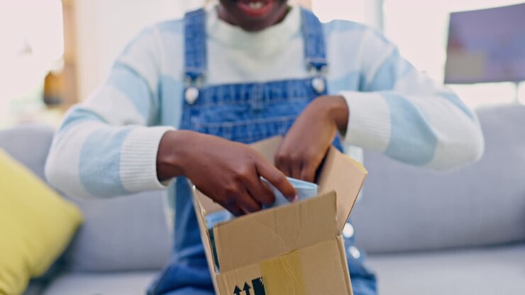 Hands, box and ecommerce with a black woman