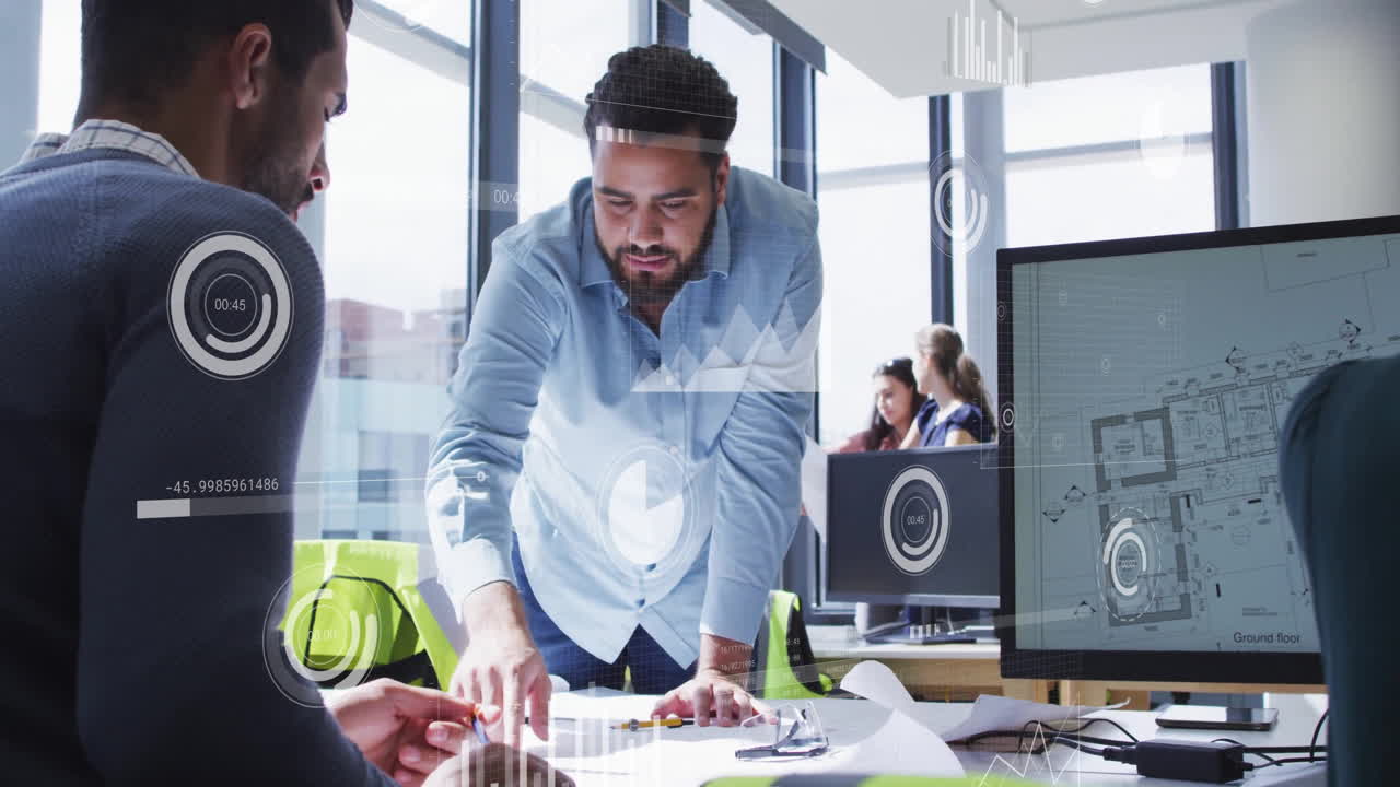 animación del procesamiento de datos financieros sobre diversas personas de negocios en la oficina