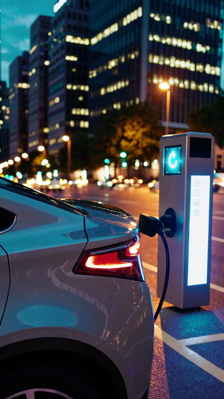 Electric Car Charging at Night in the City