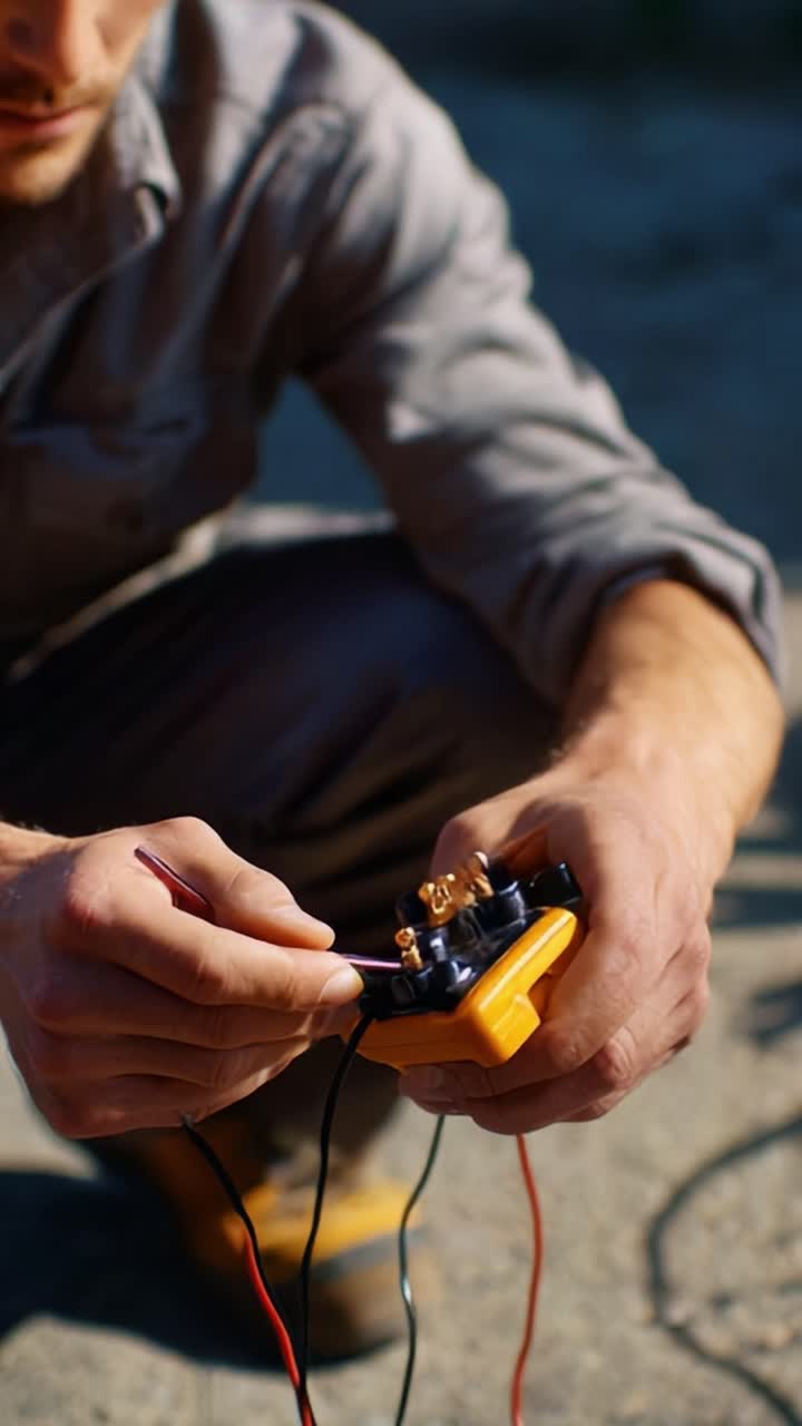 Close-up View of an Individual Testing Electrical Connections with a Multimeter, Demonstrating Precision and Focus in Troubleshooting Electrical Circuits in a Dynamic Environment