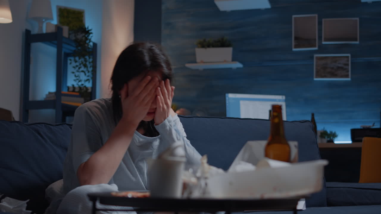 Annoyed, desperate young woman sitting on sofa reading eviction notice