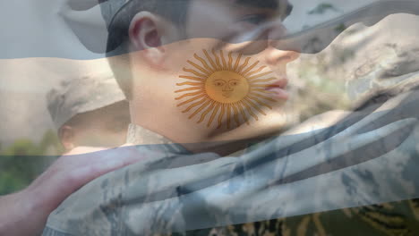 animation of flag of argentina over diverse male soldiers