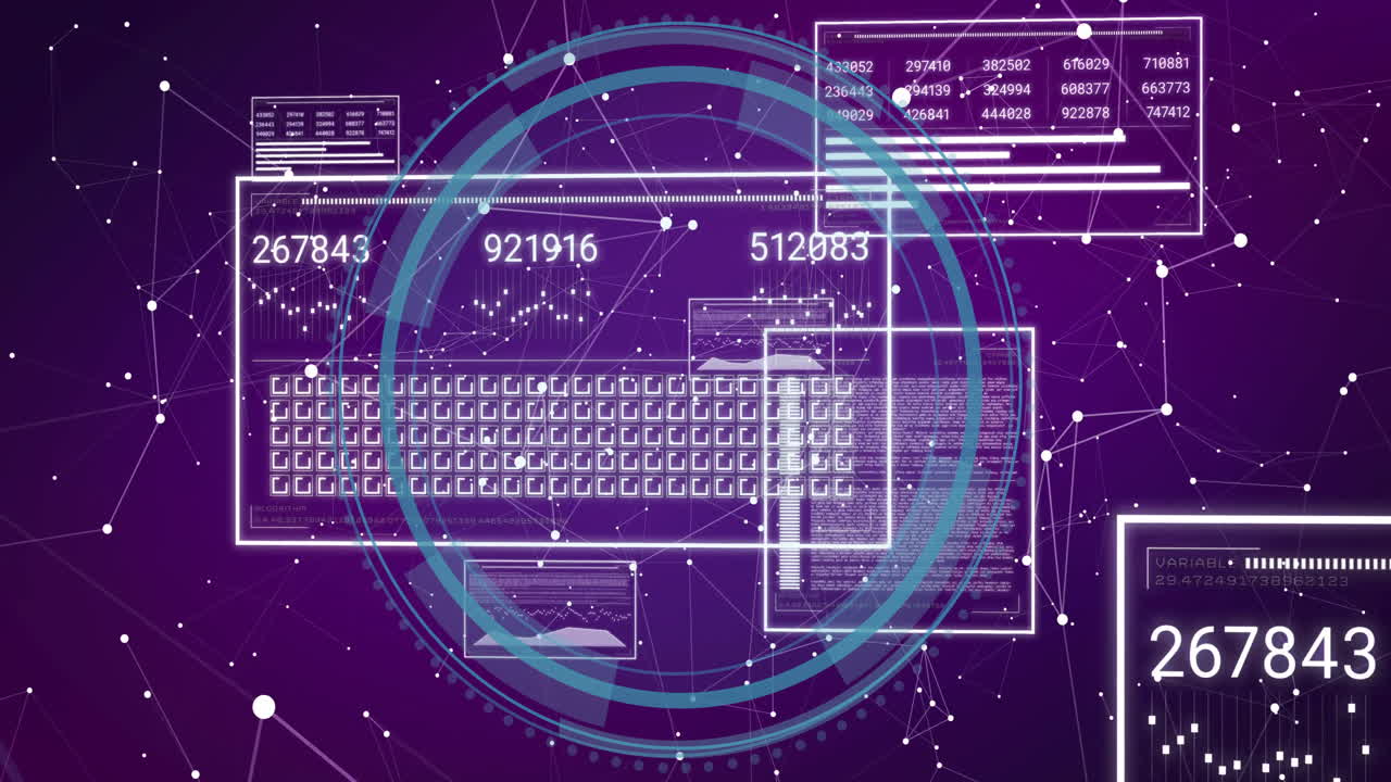 Digital data processing animation with numbers and keyboard over purple background