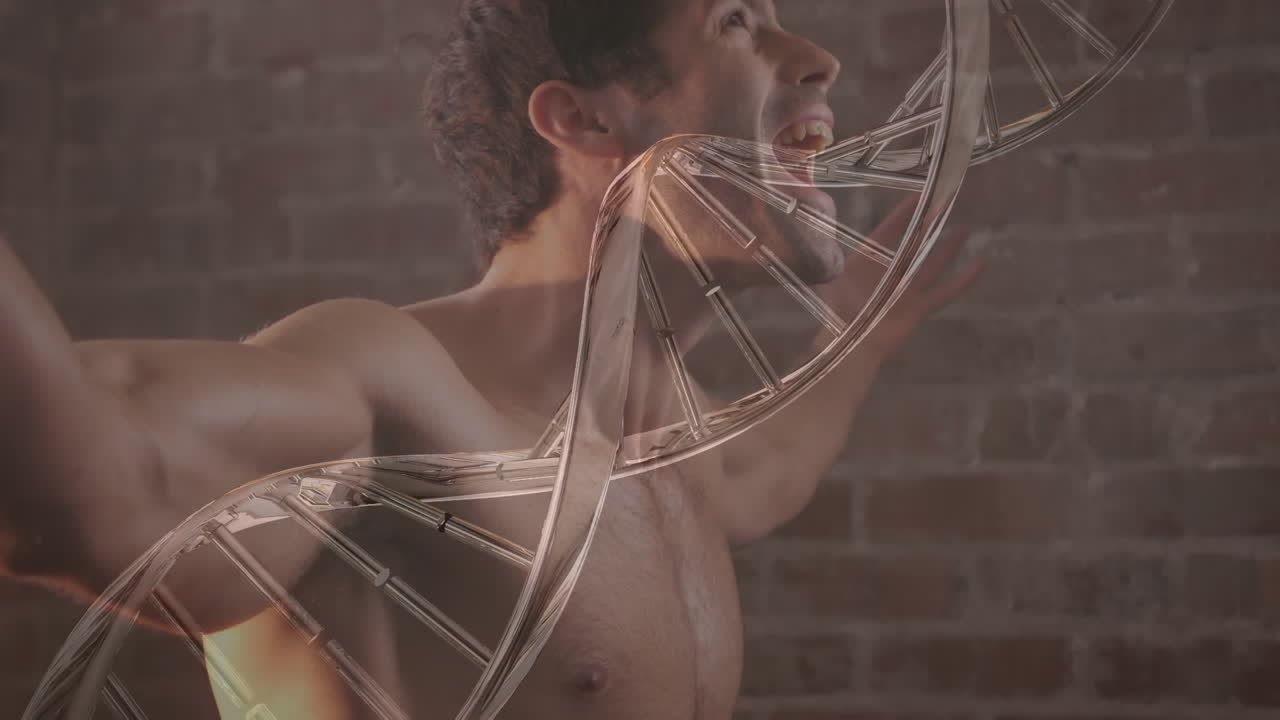 la structure de l'adn tourne contre l'homme en forme caucasien fléchissant ses muscles au gymnase