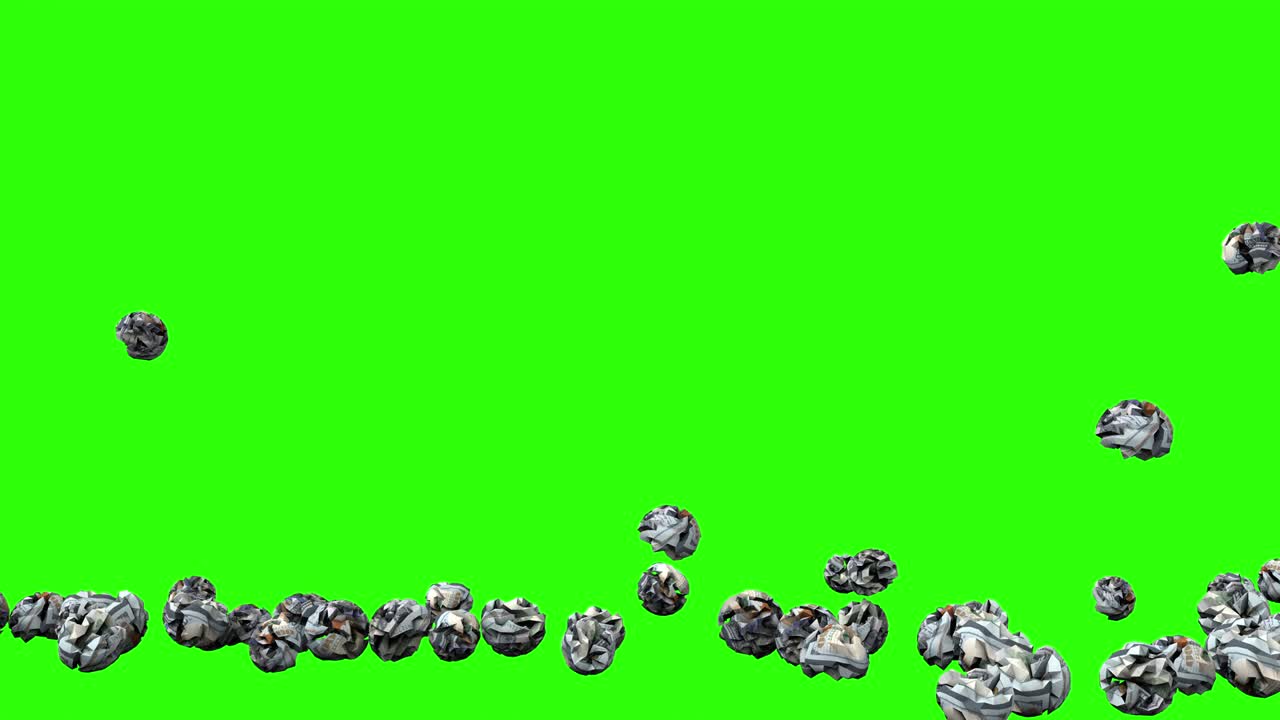 Crumpled usa dollars bills balls falling on green screen animation 3d. Wrinkled money rain model 3d stacking on the floor