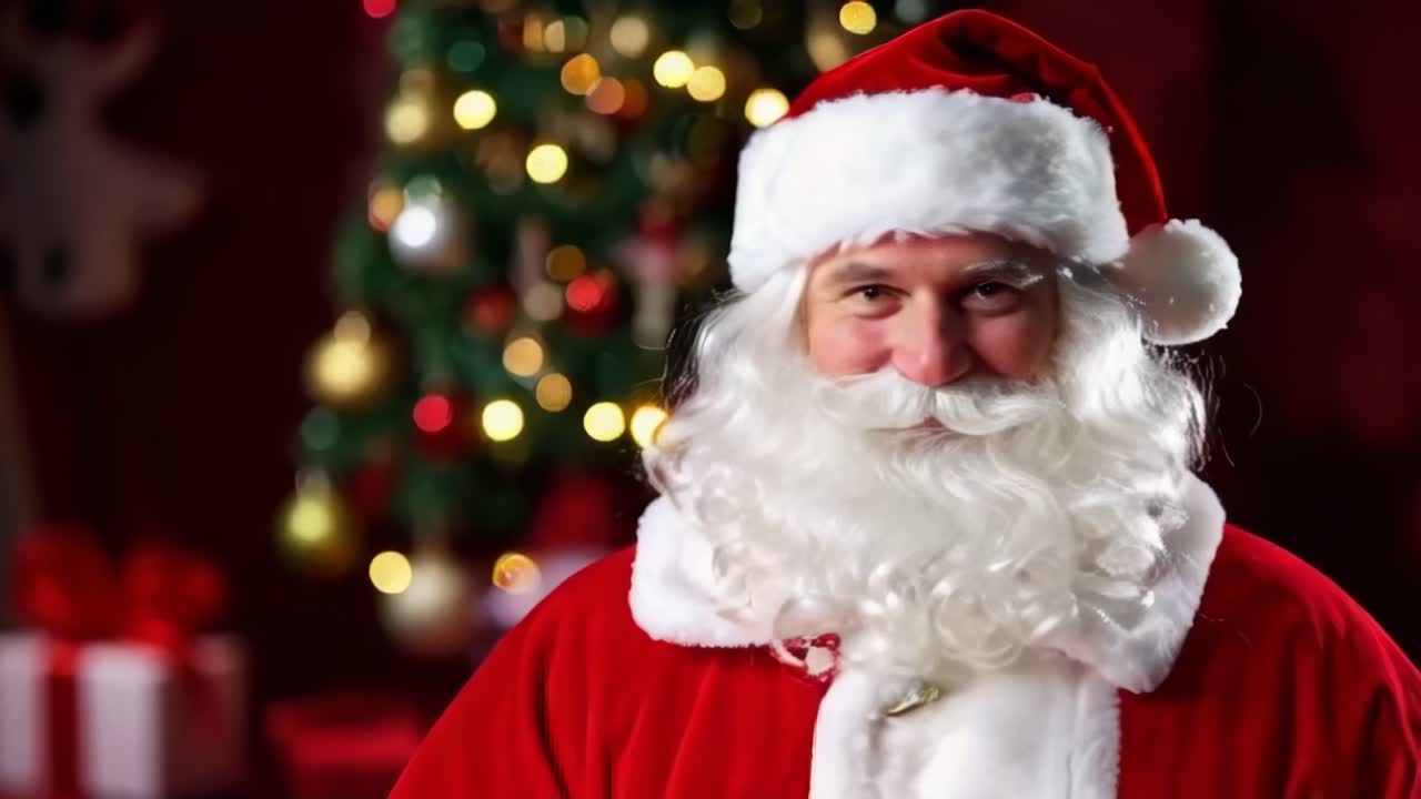 Santa Claus, with a jolly smile, looks directly at the camera
