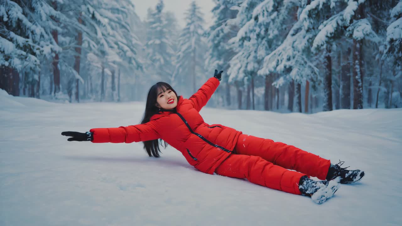 Woman in Red Snowsuit in Winter Wonderland