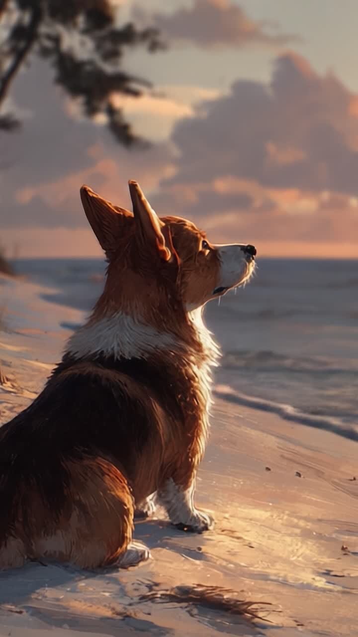 A serene moment captured on the beach, featuring a corgi dog gazing thoughtfully into the horizon at sunset, surrounded by gentle waves and soft sand