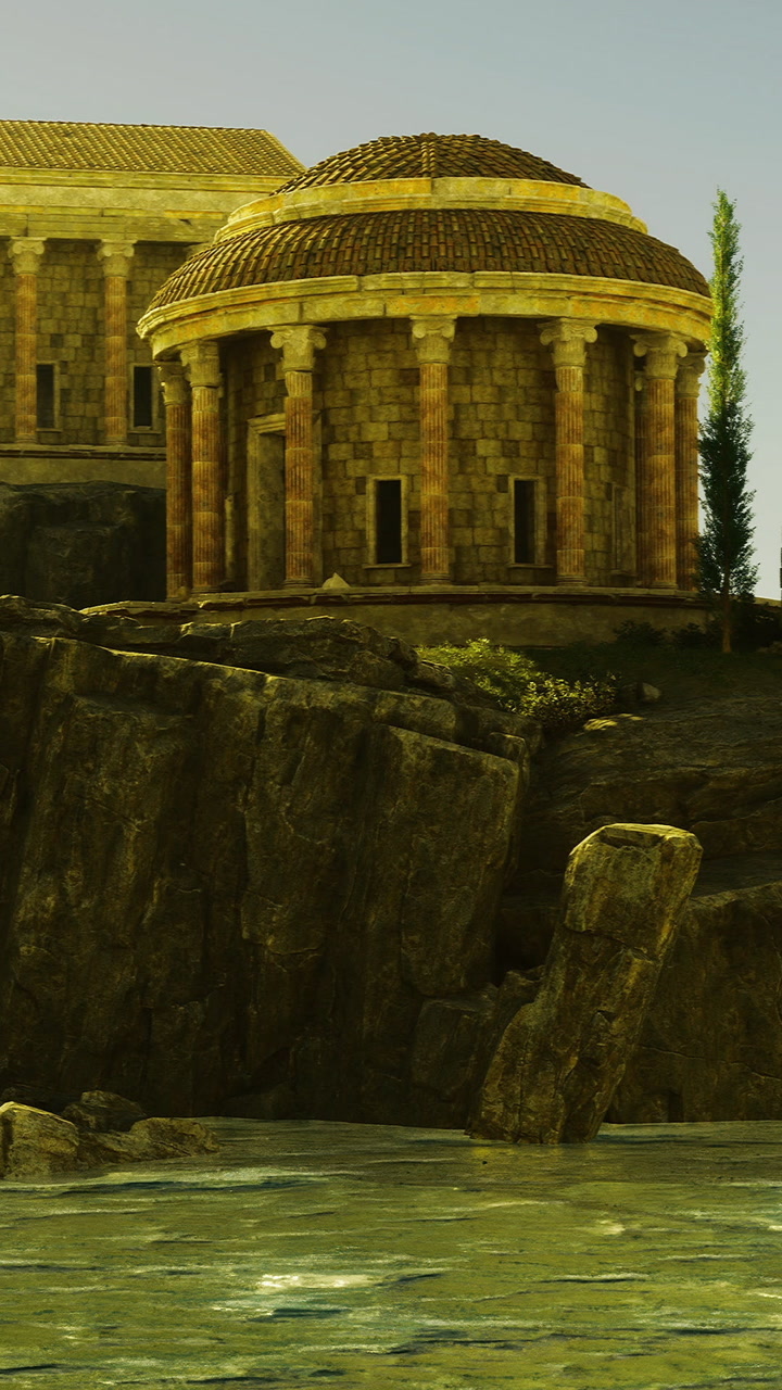 Magnificent ancient temple by the tranquil water on a sunny day