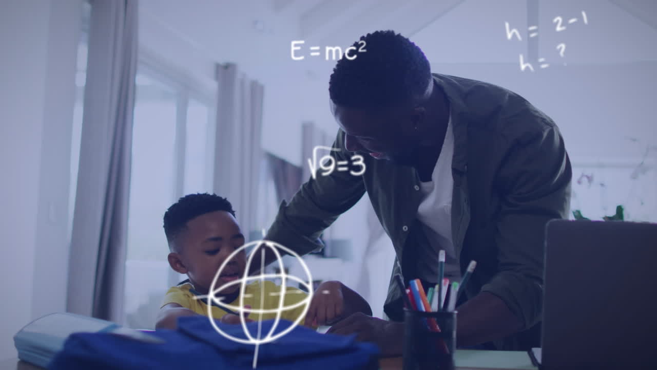 Animation of math formulas over happy african american father and son doing homework
