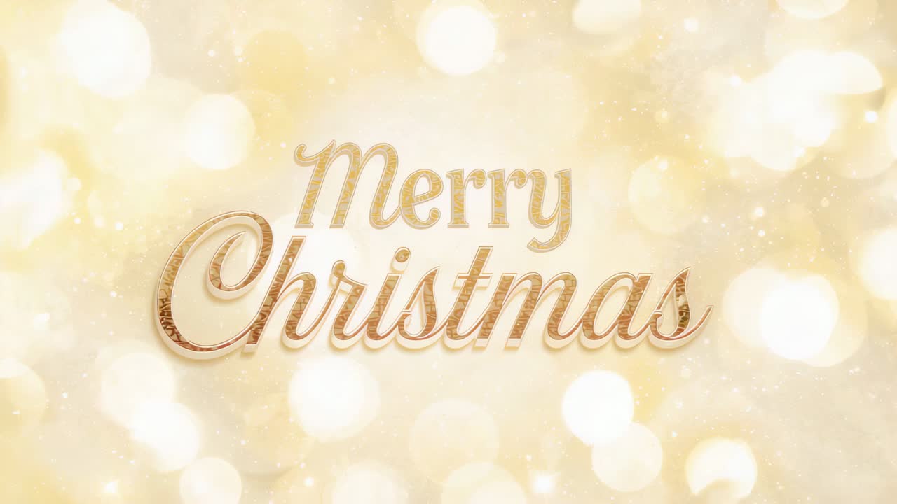 Animating gold script Merry Xmas as card, bokeh pulsing, glitter drifting, 3D shadow shifting