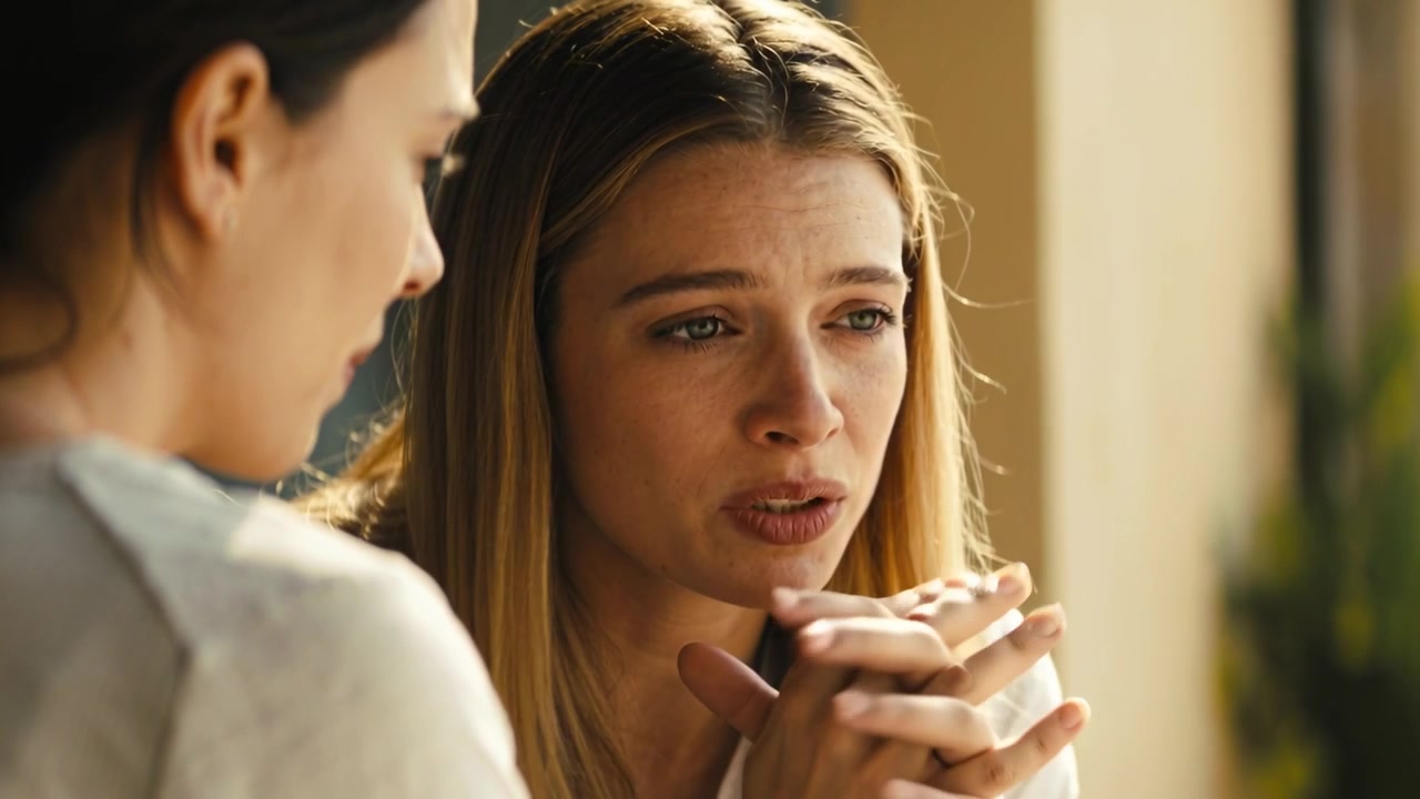 Speaking blonde woman voicing fears in well-lit room near window, clasping and gesturing hands